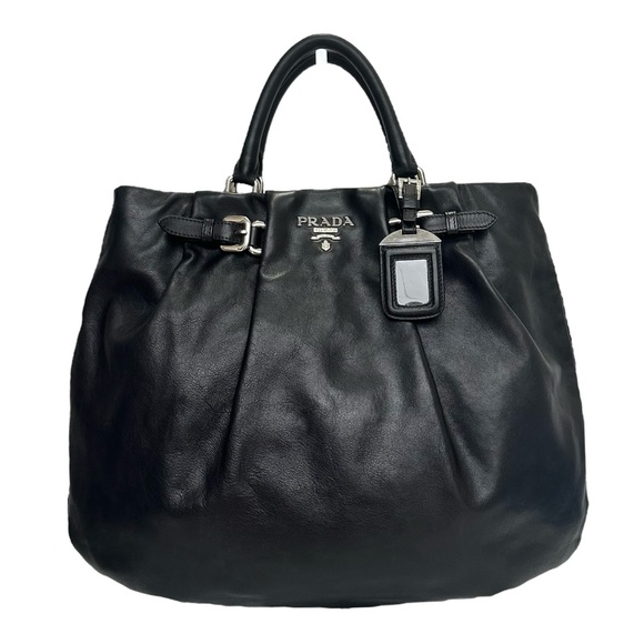 Prada Black Leather Shoulder Hand Bag Satchel Tote Soft Calf Skin Vintage - Picture 4 of 17